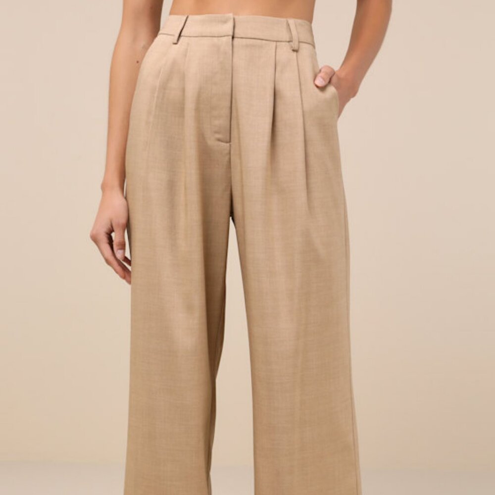 Lulus Bold Poise Tan High-rise Straight-leg Trouser Pants Beige - Size M